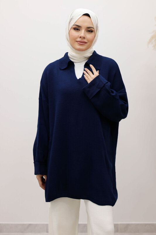 Polo Yaka Triko Tunik TSD260116 Lacivert - TESETTÜR DÜNYASI (1)