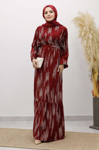 Pötikare Desenli Viskon Elbise TSD250232 Bordo 