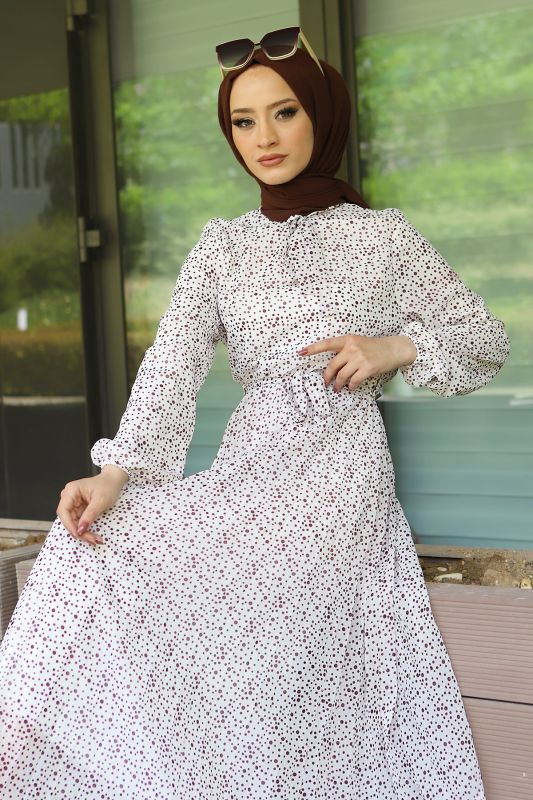 Puantiye Desenli Şifon Elbise TSD220536 Mürdüm - 3