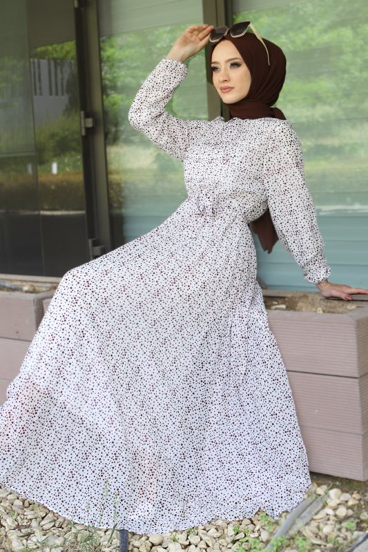 Puantiye Desenli Şifon Elbise TSD220536 Mürdüm - 1