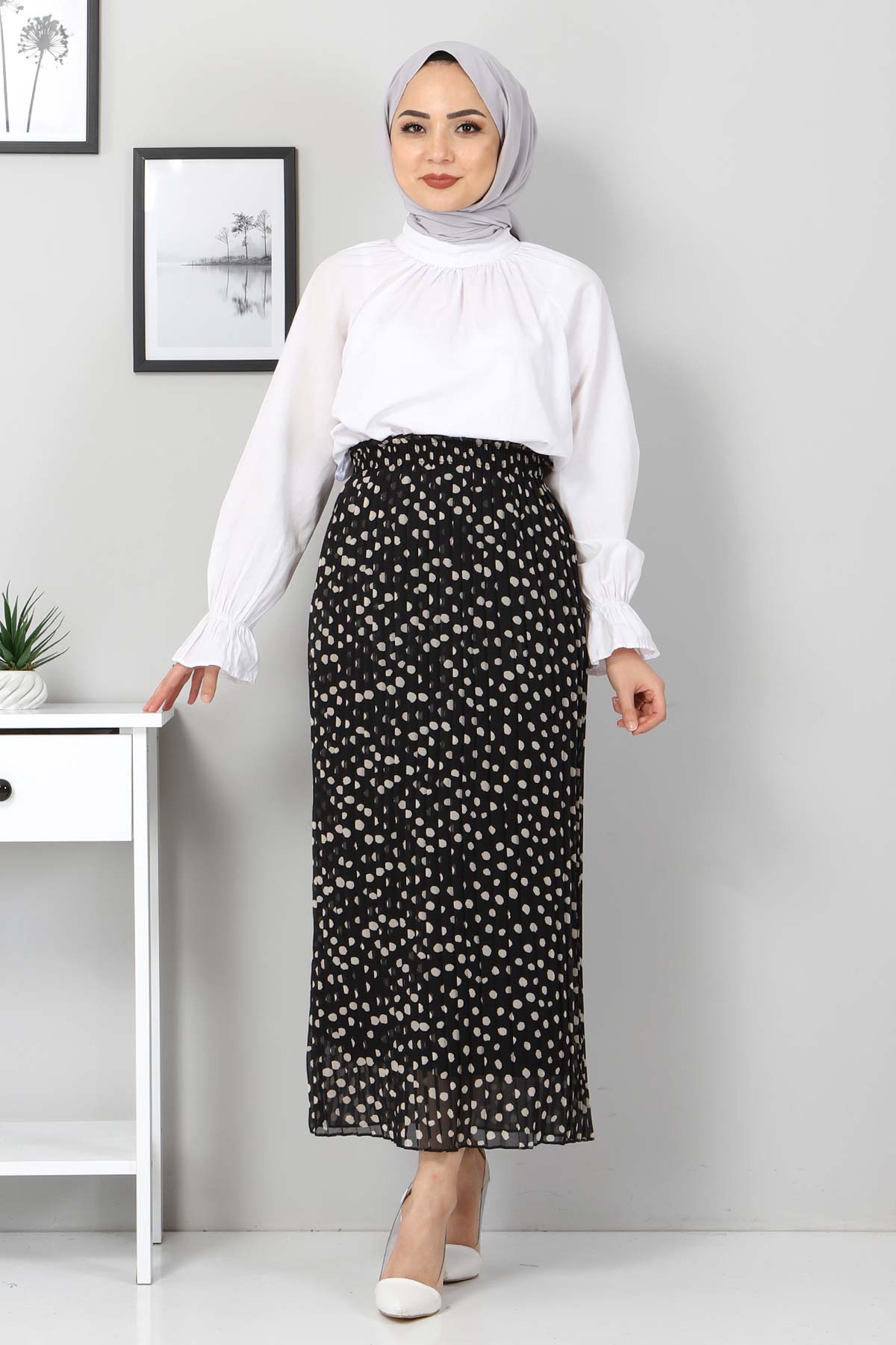 Tesettür Dünyası - Polka Dot Pleated Skirt TSD0031 Black