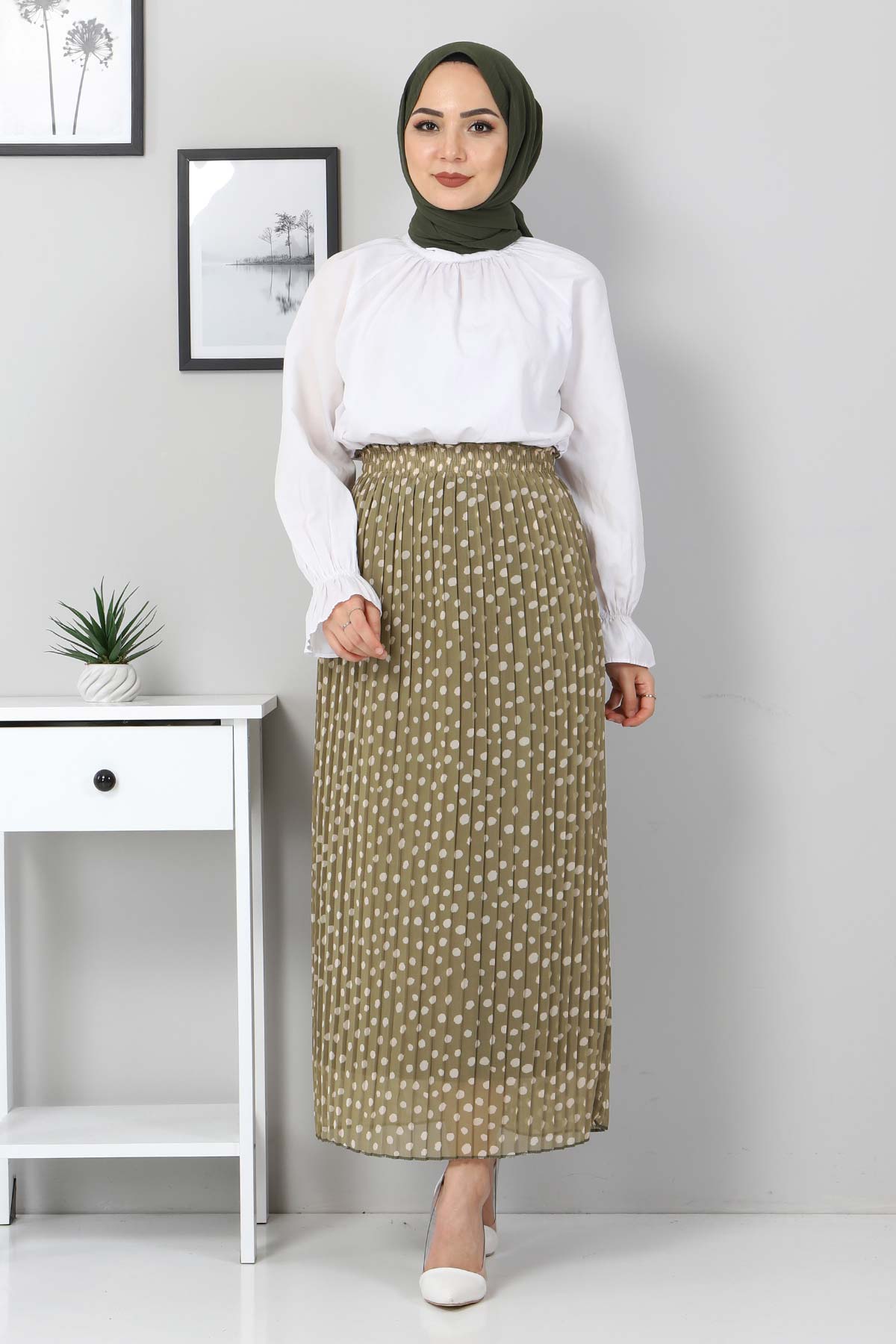 Tesettür Dünyası - Polka Dot Pleated Skirt TSD0031 Green