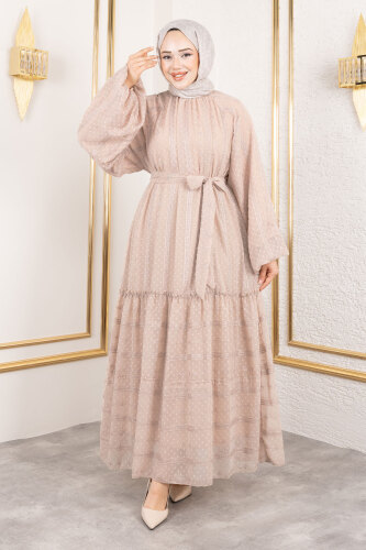 Puffy Desenli Elbise TSD250188 Vizon 