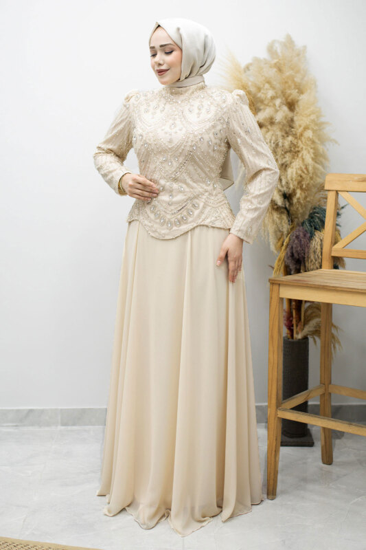 Boncuk Ve Taş İşlemeli Tesettür Abiye TSD260197 Bej - Tesettür Dünyası