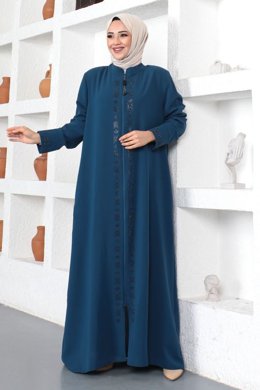 Pul İşlemeli Tesettür Ferace TSD230330 İndigo - Tesettür Dünyası