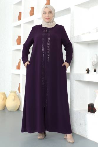 Pul İşlemeli Tesettür Ferace TSD230330 Mürdüm 