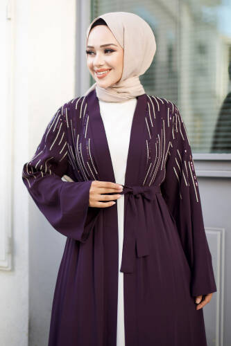 Pullu Tesettür Abaya TSD240722 Mürdüm - Tesettür Dünyası (1)