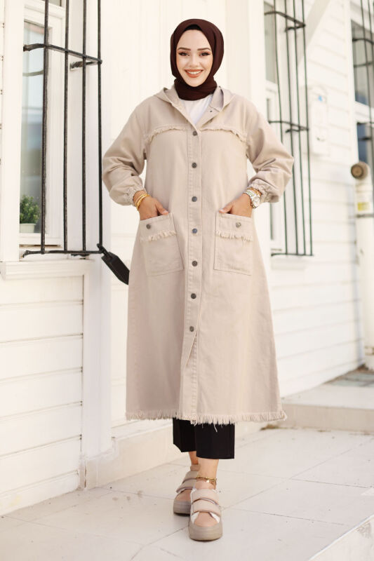 Püsküllü Uzun Kot Kap TSD240821 Krem - Tesettür Dünyası