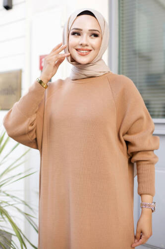 Reglan Kol Triko Elbise TSD240725 Camel - Tesettür Dünyası (1)