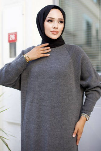 Reglan Kol Triko Elbise TSD240725 Füme - Tesettür Dünyası (1)
