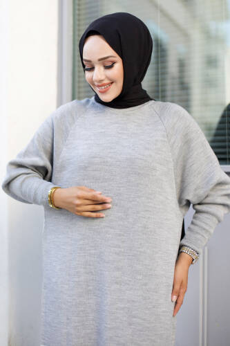 Reglan Kol Triko Elbise TSD240725 Gri - Tesettür Dünyası (1)