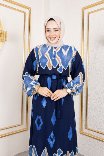 Renk Garnili Tesettür Elbise TSD250143 Lacivert - 2