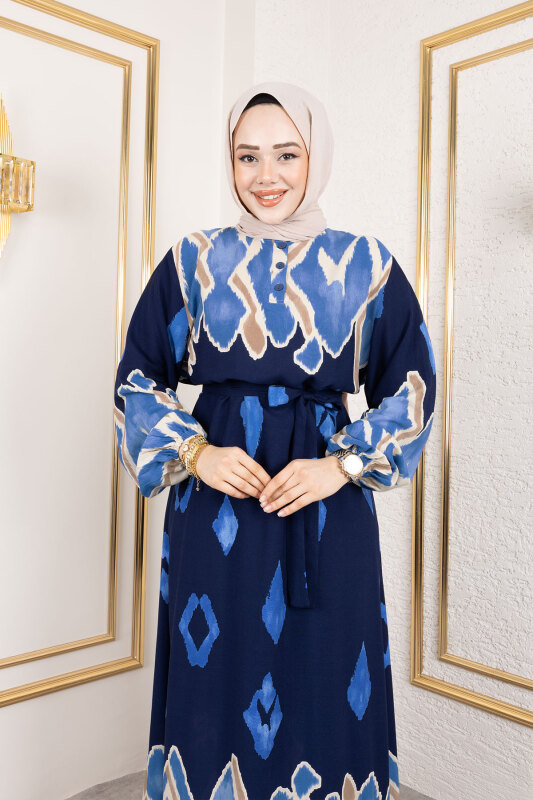 Renk Garnili Tesettür Elbise TSD250143 Lacivert - 2