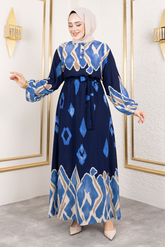 Renk Garnili Tesettür Elbise TSD250143 Lacivert - 3