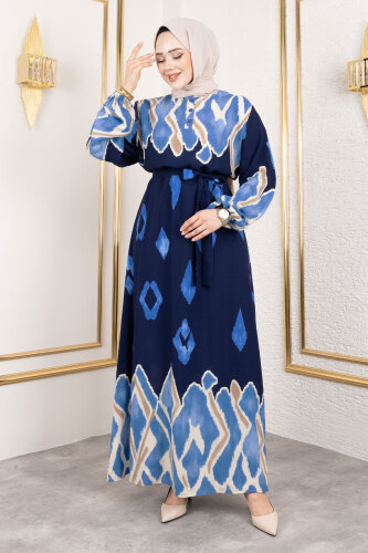 Renk Garnili Tesettür Elbise TSD250143 Lacivert - 4