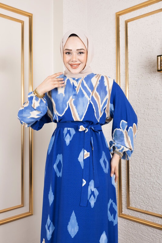 Renk Garnili Tesettür Elbise TSD250143 Mavi - 2