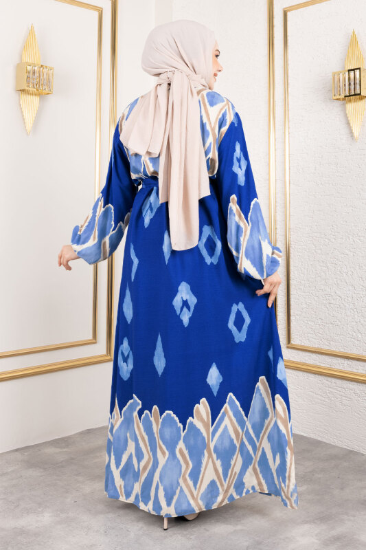 Renk Garnili Tesettür Elbise TSD250143 Mavi - 5