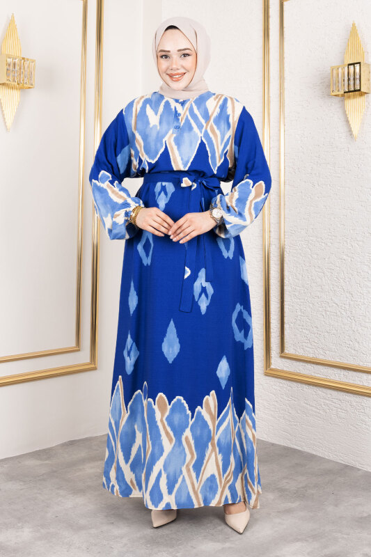 Renk Garnili Tesettür Elbise TSD250143 Mavi - 3
