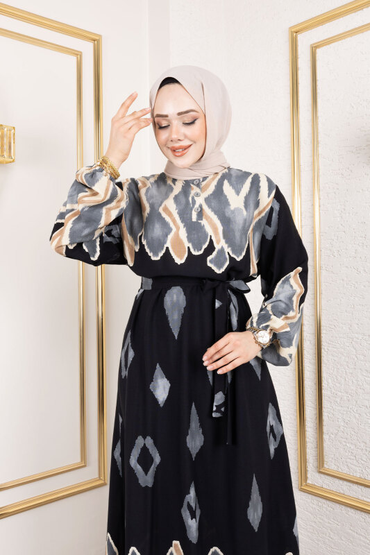 Renk Garnili Tesettür Elbise TSD250143 Siyah - 2