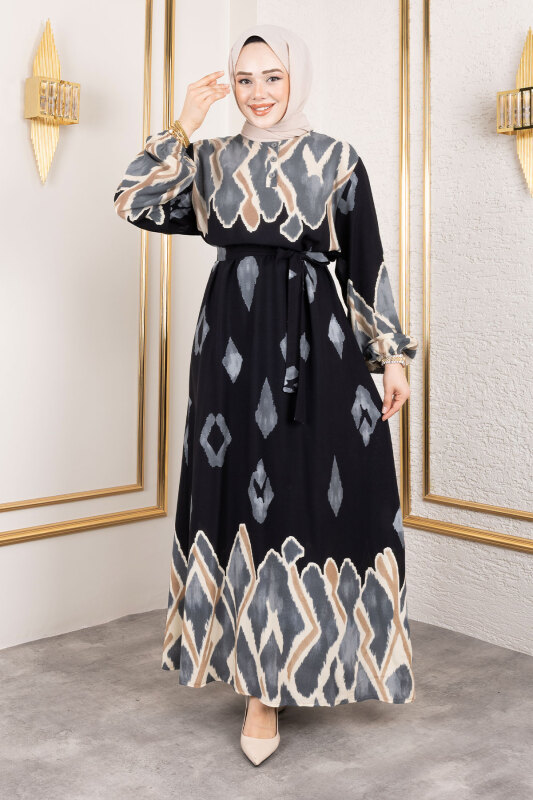 Renk Garnili Tesettür Elbise TSD250143 Siyah - 3