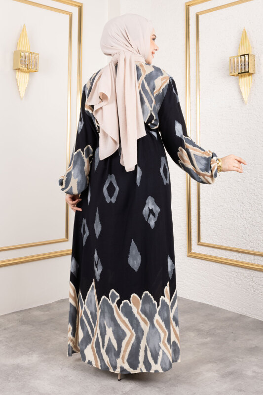Renk Garnili Tesettür Elbise TSD250143 Siyah - 5