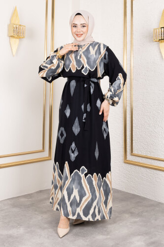 Renk Garnili Tesettür Elbise TSD250143 Siyah - 4