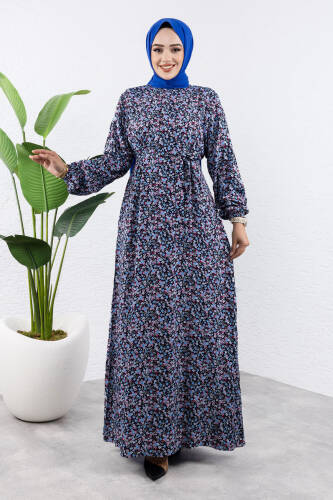 Renkli Çiçekli Viskon Elbise TSD240920 Lacivert - Tesettür Dünyası