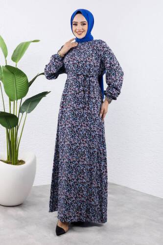 Renkli Çiçekli Viskon Elbise TSD240920 Lacivert - 3