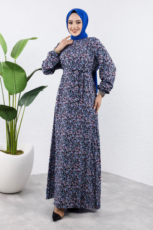 Renkli Çiçekli Viskon Elbise TSD240920 Lacivert - 3