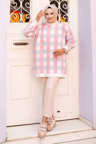 Renkli Kare Desenli Triko Tunik TSD240705 Beyaz - Tesettür Dünyası