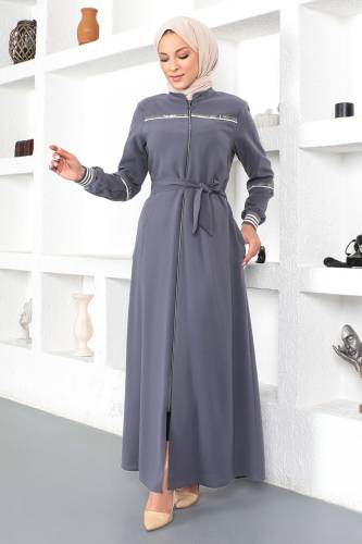 Ribanalı Tesettür Ferace TSD230328 - Açık Gri 