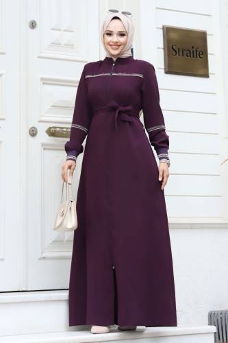 Ribanalı Tesettür Ferace TSD230328 Mürdüm 