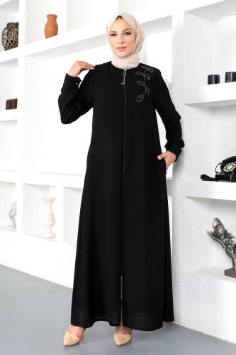 Çiçek İşlemeli Tesettür Ferace TSD230329 Siyah 