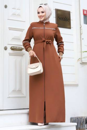 Ribanalı Tesettür Ferace TSD230328 Taba 