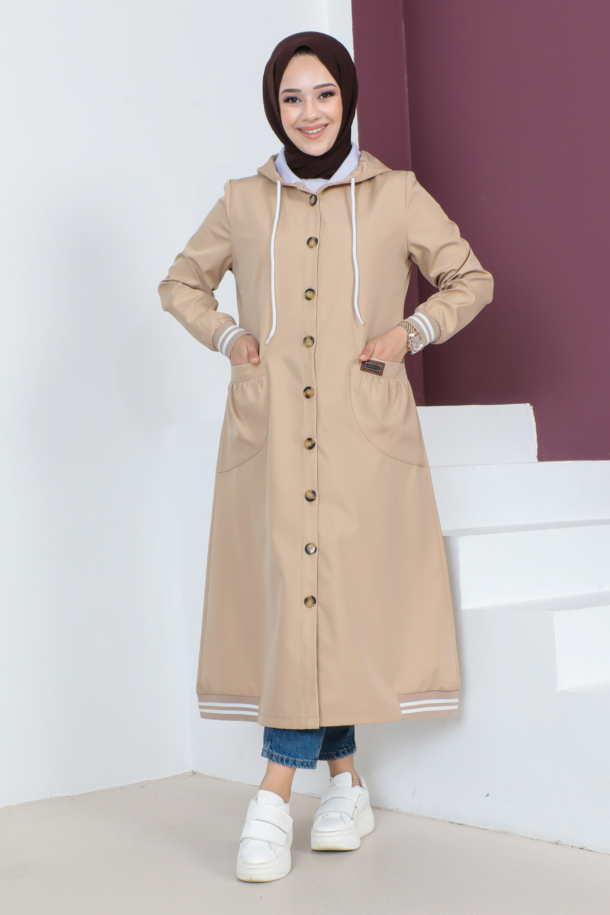 Tesettür Dünyası - Ribanalı Trençkot TSD230638 Camel