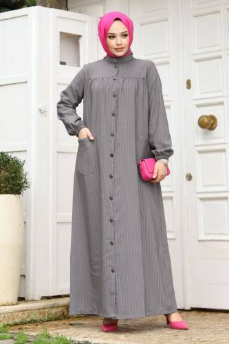 Robalı Boydan Düğmeli Cepli Ferace TSD240227 Gri 