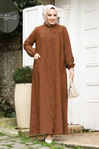 Robalı Boydan Düğmeli Cepli Ferace TSD240227 Kahverengi 