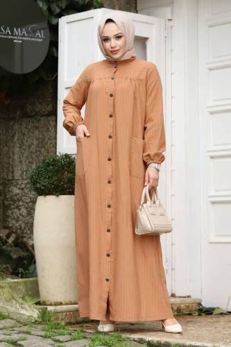 Robalı Boydan Düğmeli Cepli Ferace TSD240227 Taba 