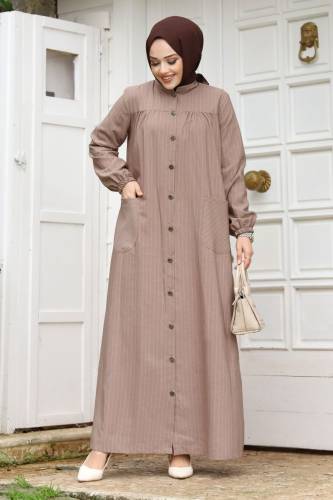 Robalı Boydan Düğmeli Cepli Ferace TSD240227 Vizon 