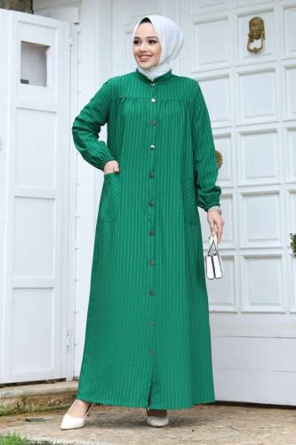 Robalı Boydan Düğmeli Cepli Ferace TSD240227 Yeşil 