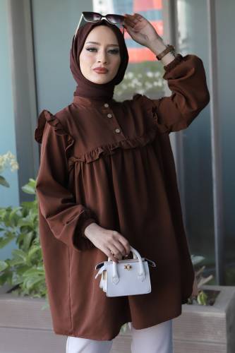 Robalı Fırfırlı Tunik TSD1803 Kahverengi 
