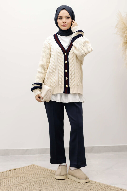 Saç Örgü Desenli Triko Hırka TSD250255 Bej - TESETTÜR DÜNYASI (1)