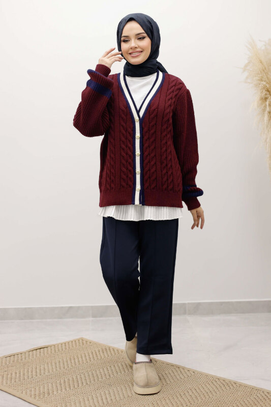 Saç Örgü Desenli Triko Hırka TSD250255 Bordo - TESETTÜR DÜNYASI (1)