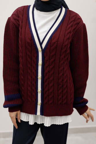 Saç Örgü Desenli Triko Hırka TSD250255 Bordo - 4