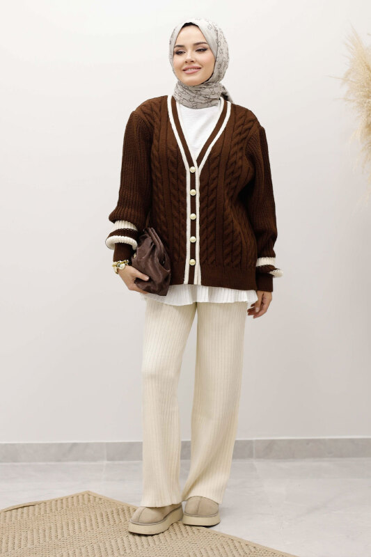 Saç Örgü Desenli Triko Hırka TSD250255 Kahverengi - TESETTÜR DÜNYASI (1)