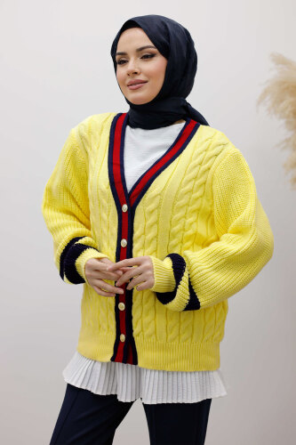 Saç Örgü Desenli Triko Hırka TSD250255 Sarı - 1