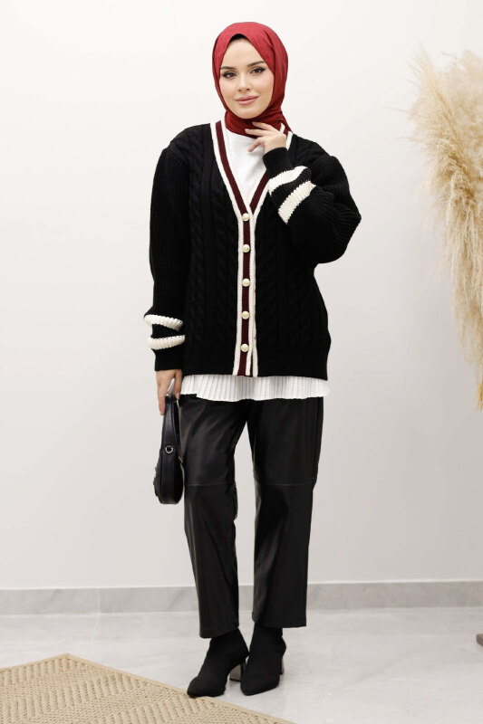 Saç Örgü Desenli Triko Hırka TSD250255 Siyah - TESETTÜR DÜNYASI (1)