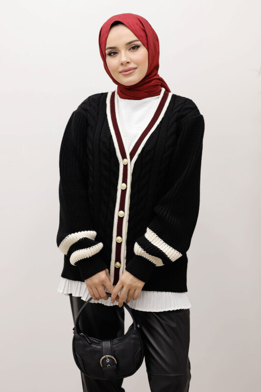 Saç Örgü Desenli Triko Hırka TSD250255 Siyah - TESETTÜR DÜNYASI