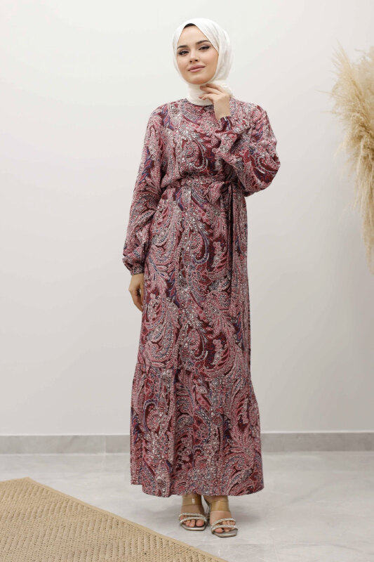 Şal Desen Kuşaklı Elbise TSD250257 Bordo - Tesettür Dünyası