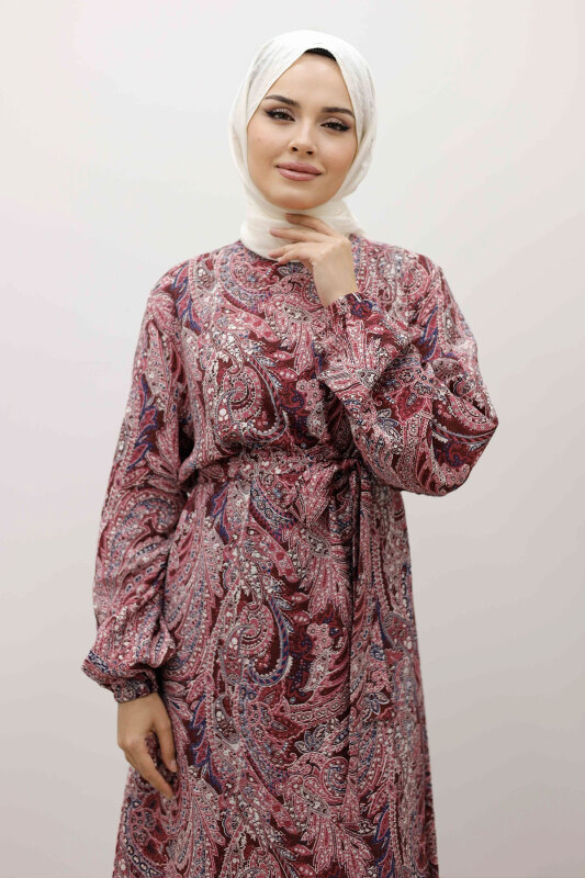 Şal Desen Kuşaklı Elbise TSD250257 Bordo - Tesettür Dünyası (1)